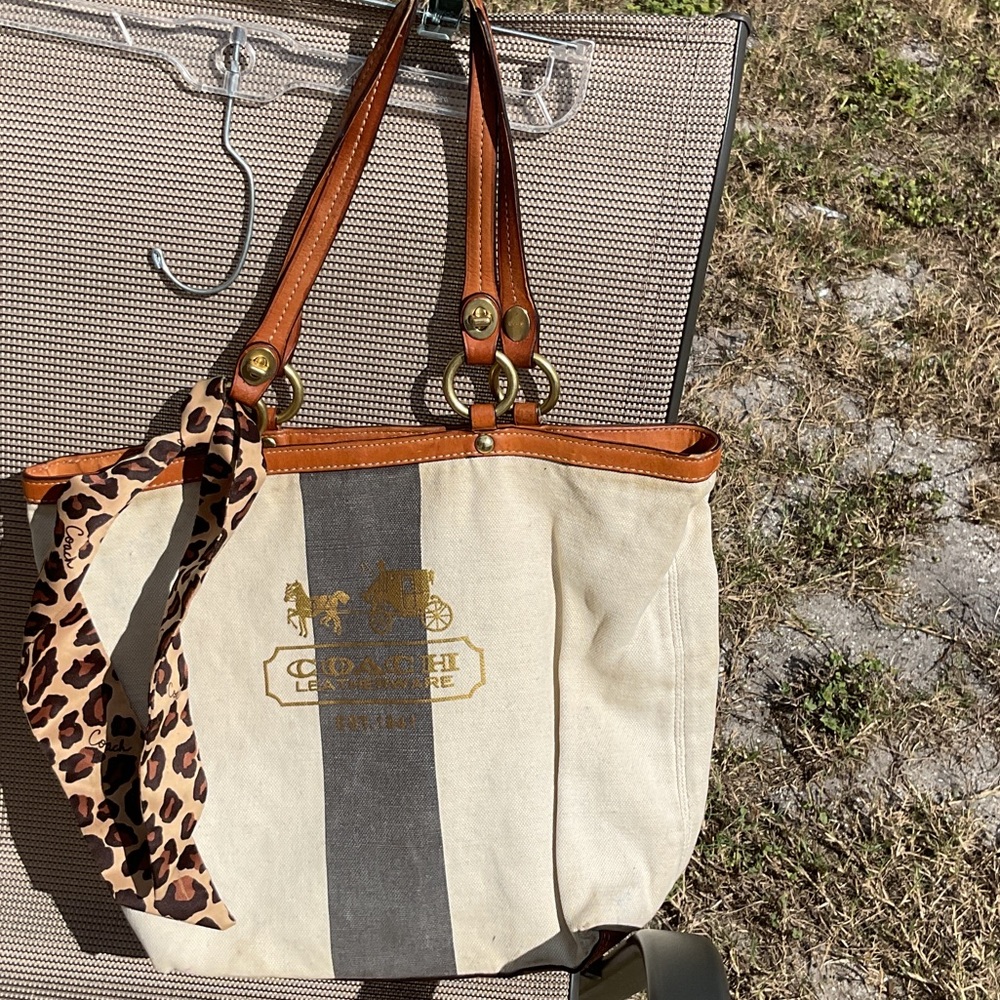Coach beige with leather Trim Tote with Leopard Twilly - Picture 2 of 8